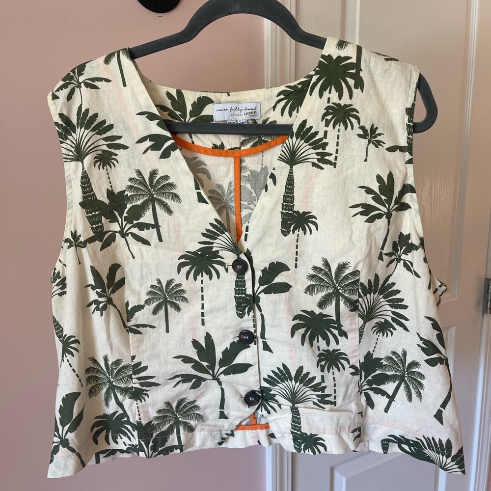 Never Fully Dressed White Crop Top with Green Palm Print